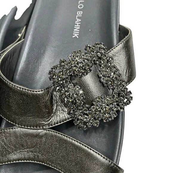 Manolo Blahnik Chilanghi Satin Jewel Buckle Flat Mules Silver EU 39 Slip On